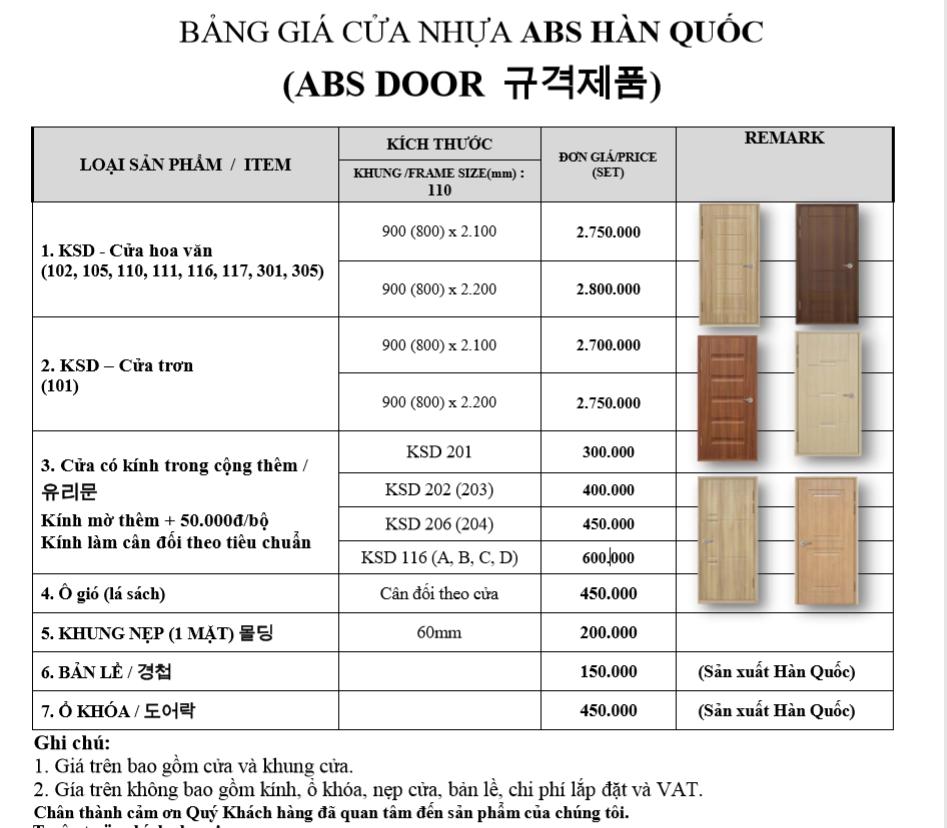 Bảng báo giá cửa nhựa Hàn Quốc ABS