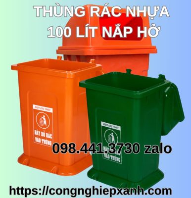 Thùng rác 100 lít nắp hở cam có đế